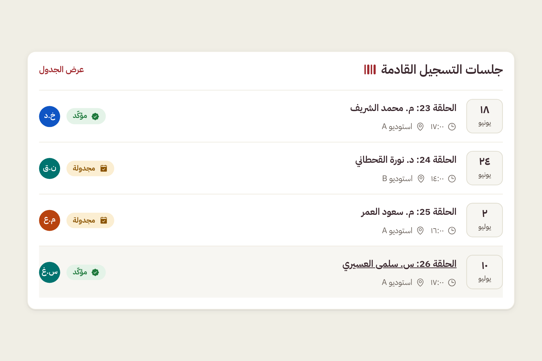 جلسات التسجيل القادمة في بوديوس مع حالة كل ضيف